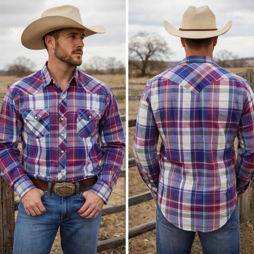 Vintage Wrangler Brushpopper‎ Western Plaid Pearl Snap Shirt X-Long Tails M